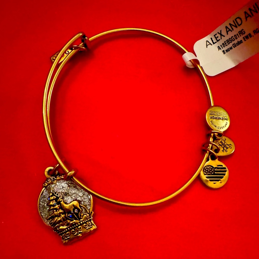 Winter Holiday Christmas Reindeer Snowglobe Alex & Ani Gold Charm Bracelet 2018